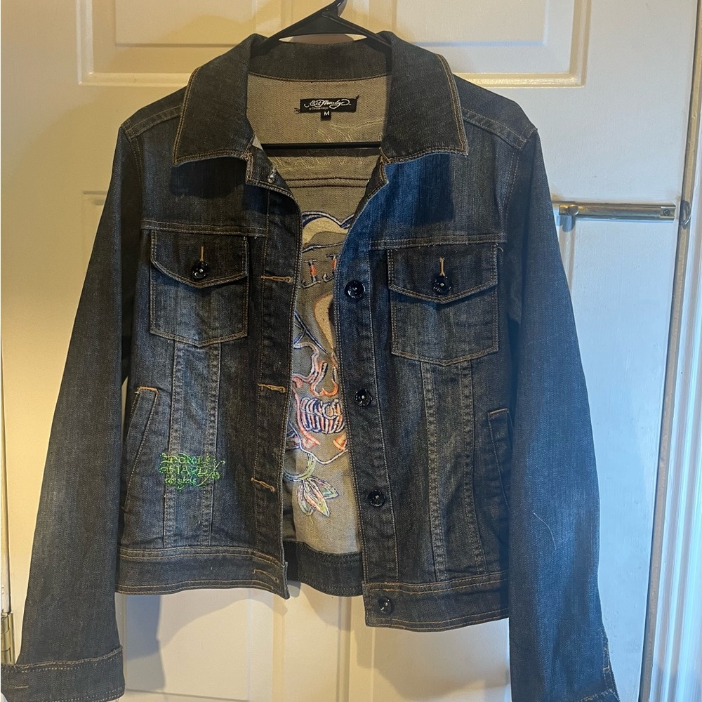 Ed Hardy Blue Denim Jacket with Embroidered Details Y2K Era Original